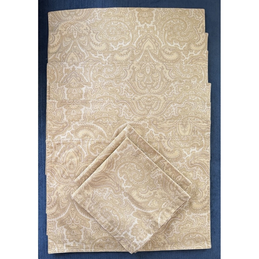 Zina Vasi Paisley Floral Placemats Napkins Set 10 PCS Beige Gold 13 X 19 Cotton
